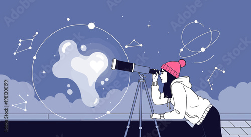 Woman stargazing with telescope, abstract heart shapes in night sky, constellations