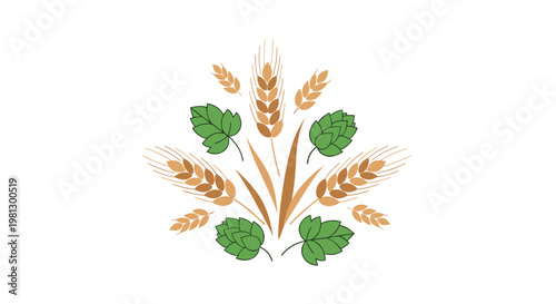 A perfectly symmetrical arrangement of golden wheat stalks and vibrant green hop cones creates a balanced agricultural motif against a white background.