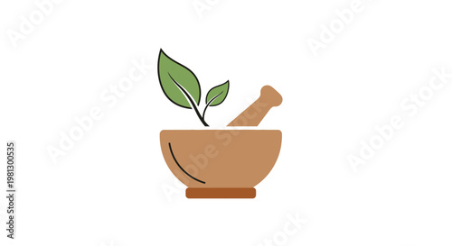 Illustration depicting herbal medicine and natural remedies with mortar and pestle