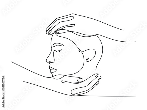 Continuous line drawing of a womans face with hands on her head and chin