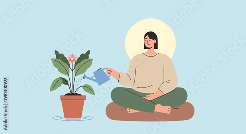 Woman Sitting With Potted Plant.