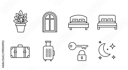 A set of simple linear icons depicting bedroom furnishings travel items and nighttime symbols