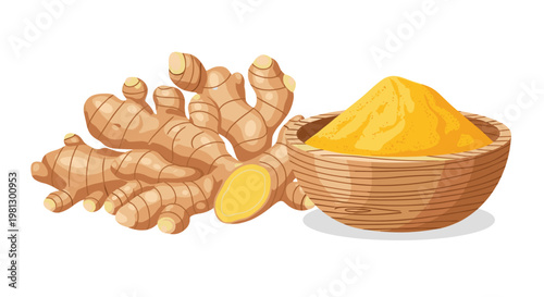 A fresh multi-branched ginger root rests beside a textured wooden bowl overflowing with vibrant golden spice powder against a clean white studio backdrop.