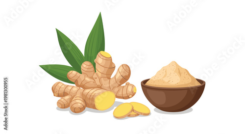 A large fresh ginger root with pointed green leaves sits beside a dark brown wooden bowl overflowing with fine tan ginger powder on a white background.
