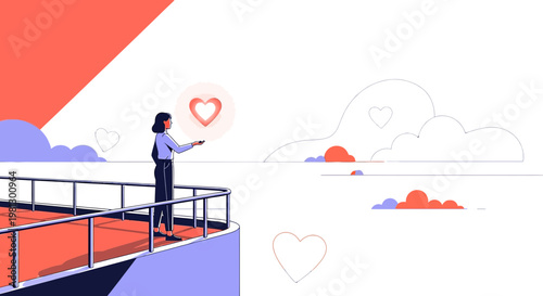 Woman Sending Love Heart Message from Balcony with Abstract Cloud Background