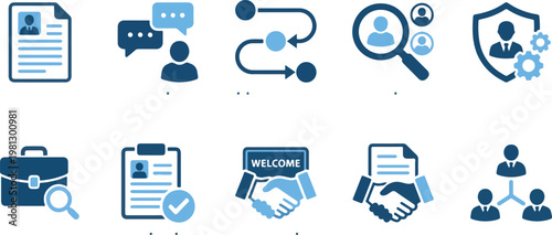 A collection of blue and white business icons