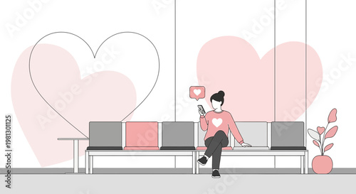 Woman Sitting on Bench Using Smartphone with Love Icons, Abstract Hearts Background