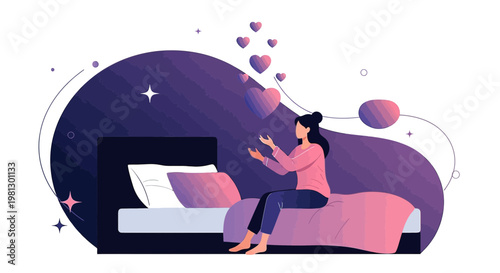 Woman Sitting on Bed with Hearts Floating Above, Dreamy Bedroom Scene