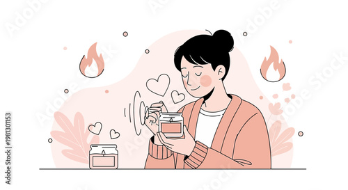 Woman smelling scented candle, enjoying aroma, self-care, relaxation, cozy home atmosphere
