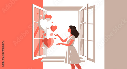 Woman Releasing Hearts from Window, Love and Connection Concept