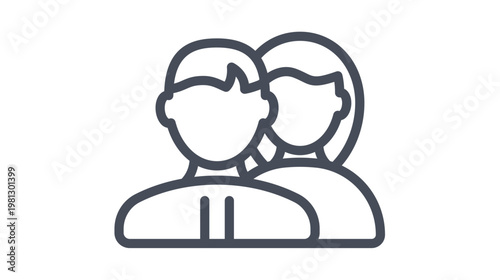 Minimalist black line vector icon of a man and a woman standing together, representing a couple, users, or a team. Clean and scalable graphic illustration for web design and profile symbols.