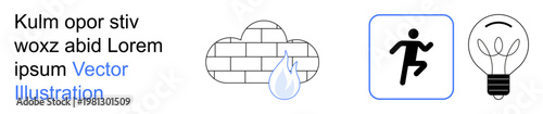 Weather, innovation, energy, fitness, movement, sustainability. A cloud with a water droplet, a running figure in a rectangle and a light bulb outline. Weather and innovation concepts
