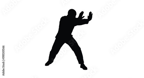Vector graphic illustration of a man's silhouette with hands raised, signaling stop or push action.