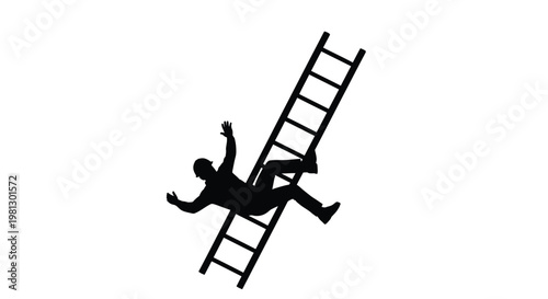Minimalist vector graphic silhouette of a construction worker falling backward from a tall industrial ladder design