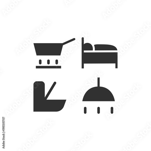 Hotel room amenities icon set. Cooking, sleeping, bathroom and hygiene facilities. Monochrome black and white symbol