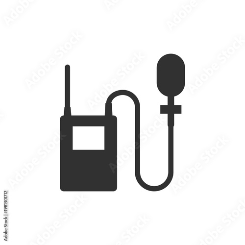 Lavalier microphone with transmitter icon. Wireless audio recording and clip microphone system. Monochrome black and white symbol