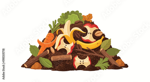 A rich brown heap of organic compost features various decomposing food scraps including yellow banana peels and red apple cores on a white background.