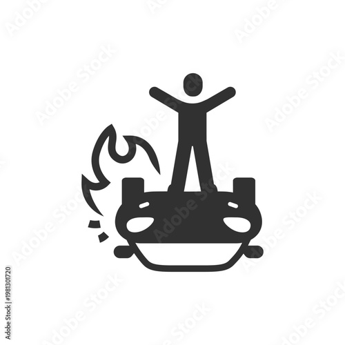 Person on burning car icon. Riot, chaos and urban unrest concept. Monochrome black and white symbol