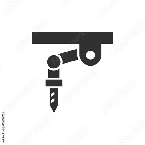 Robotic arm with drill head icon. Industrial machining and precision manufacturing. Monochrome black and white symbol