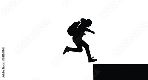 Dynamic vector illustration featuring a traveler with a backpack leaping across an adventurous obstacle.