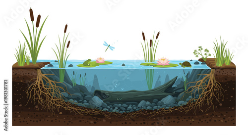 A vibrant cross-section illustration of a freshwater pond ecosystem reveals underwater life and surface plants like water lilies under bright daylight.
