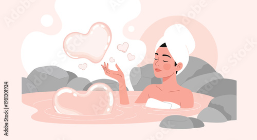 Woman relaxing in hot spring with heart-shaped bubbles, self-care and love concept
