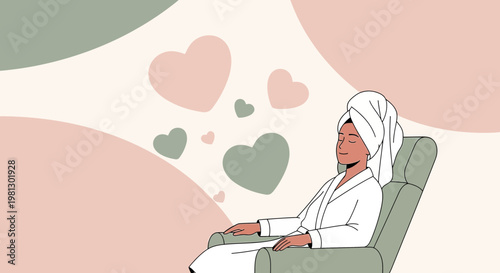 Woman relaxing in robe and towel, dreaming of love, with abstract hearts floating