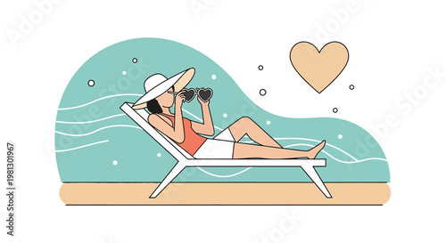 Woman Relaxing on Beach Chair with Heart Shape Drink, Summer Vacation Vibes