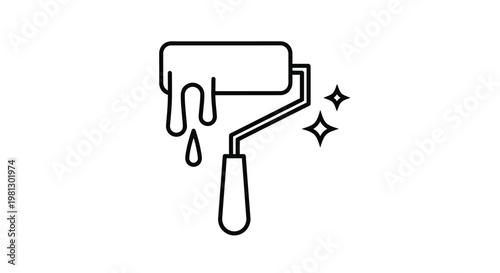 A simple line drawing depicts a paint roller with dripping paint and sparkling star icons