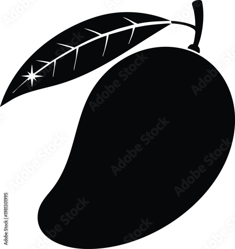 Black silhouette of a mango fruit with a detailed leaf on a white