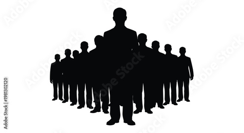 Powerful business leadership illustration with a commanding central figure leading his dedicated team vector graphic.