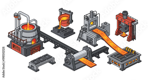 Detailed isometric industrial machinery processes molten orange metal through various smelting and rolling stages within a heavy duty manufacturing facility.