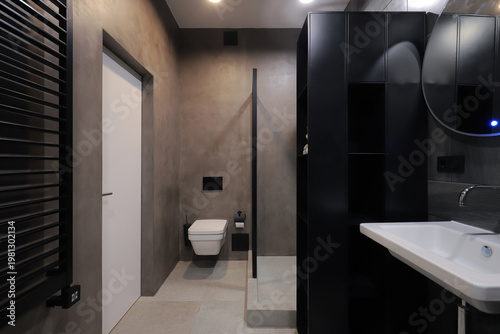 Shower room and white toilet bowl in the bathroom