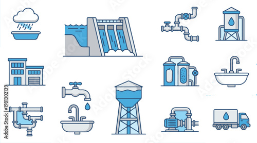 Collection of water supply and treatment icons