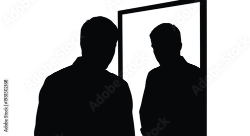 Minimalist vector illustration showing a man's silhouette observing his own reflection in a framed mirror.