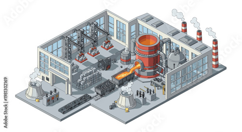 A massive red industrial furnace stands at the center of a bustling factory floor filled with heavy cranes and smoking chimneys under bright studio lighting.