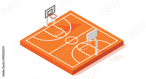 A vibrant orange isometric basketball court with crisp white boundary lines and two detailed backboards stands out against a clean white minimalist background.