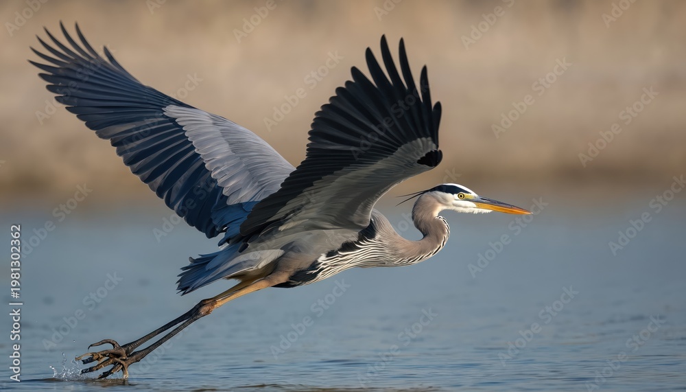Fototapeta premium Great blue heron takes flight from water surface, wings spread wide. Bird is in motion over calm blue water, capturing its grace and power in nature.