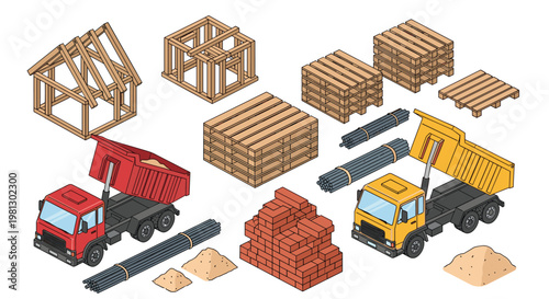 A detailed isometric view of construction materials including wood frames, pallets, bricks, sand, and rebar alongside heavy red and yellow dump trucks in a bright studio.