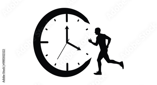Silhouette illustration of a man running fast to keep pace with a stylized clock graphic design