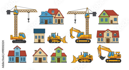 A diverse collection of various colorful residential houses is paired with yellow construction machinery like cranes, excavators, and powerful bulldozers on white.