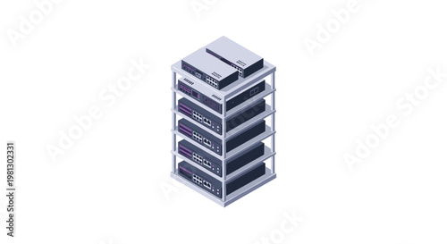 A detailed isometric view of a metal rack holding several stacked network switches and server hardware featuring visible ports and indicator lights in a clean grey room.
