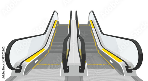 A symmetrical frontal view of two ascending escalators features bright yellow safety markings on the textured grey steps within a minimalist white environment.