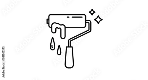 A simple black and white line drawing depicts a paint roller with dripping paint