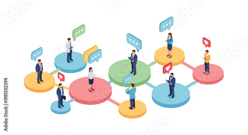 Meticulous isometric business professionals stand on vibrant circular platforms interconnected by a complex network of lines and social media icons in a bright digital space.