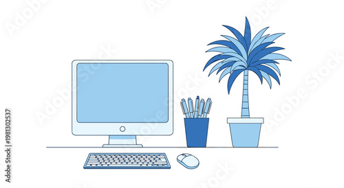 A clean frontal view of a digital workstation showcases a large monitor paired with a vibrant potted palm plant and various blue stationery accessories.