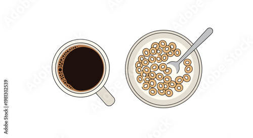 A minimalist top-down illustration features a pristine white ceramic bowl filled with toasted cereal rings and milk beside a steaming cup of dark coffee.