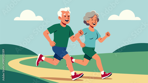 Active elderly couple jogging