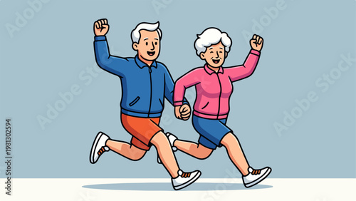 Old couple jogging flat illustration