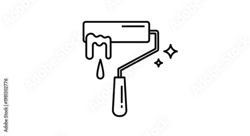 A simple line drawing depicts a paint roller with dripping paint and sparkling stars